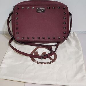 Michael Kors Crossbody Bag Leather Jet Set Studded purse Plum 10 in x 7 in + Bag